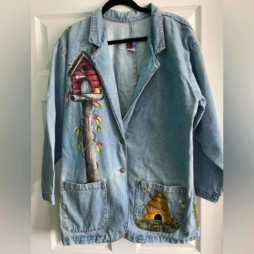 Vtg Sunbelt Sportswear Women’s XL Chore Coat Barn Coat Denim Honey Bees Signed
